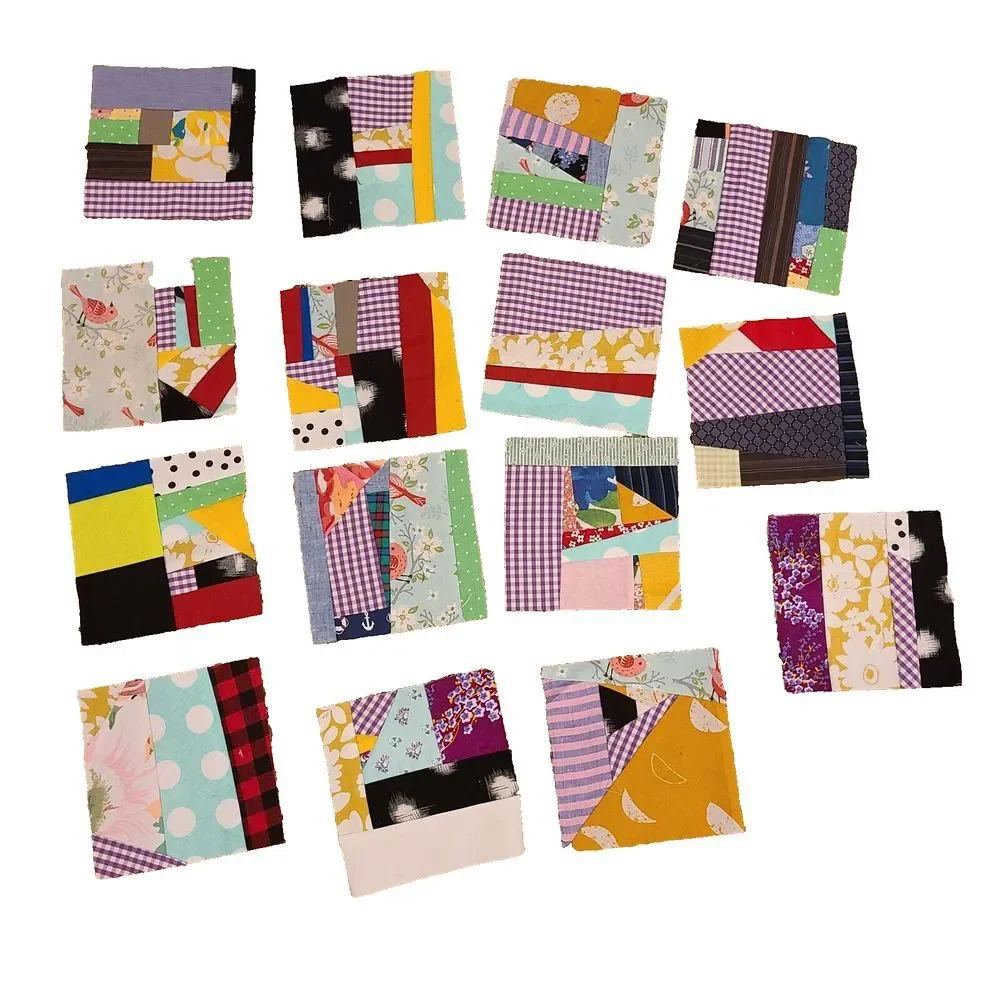 Scrappy Patchwork Colorful Crumb Crazy Baby Lap Quilt Top Blue Sashing 42